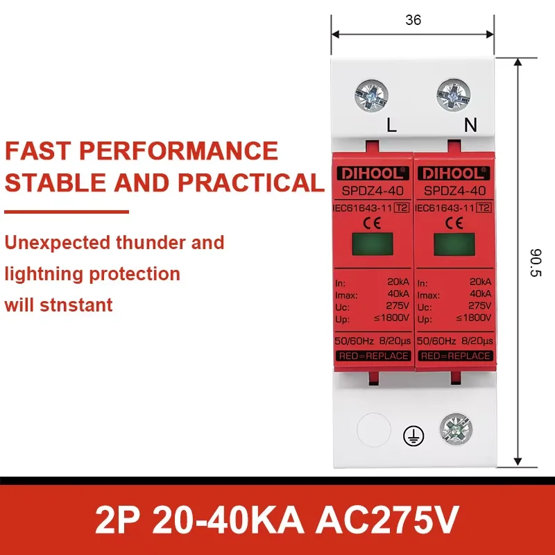 DIHOOL AC Surge Protector SPD 2P 20kA 40kA 275V Lightning Arrester Protection Device DIN Rail Mount Home Lighting Protector