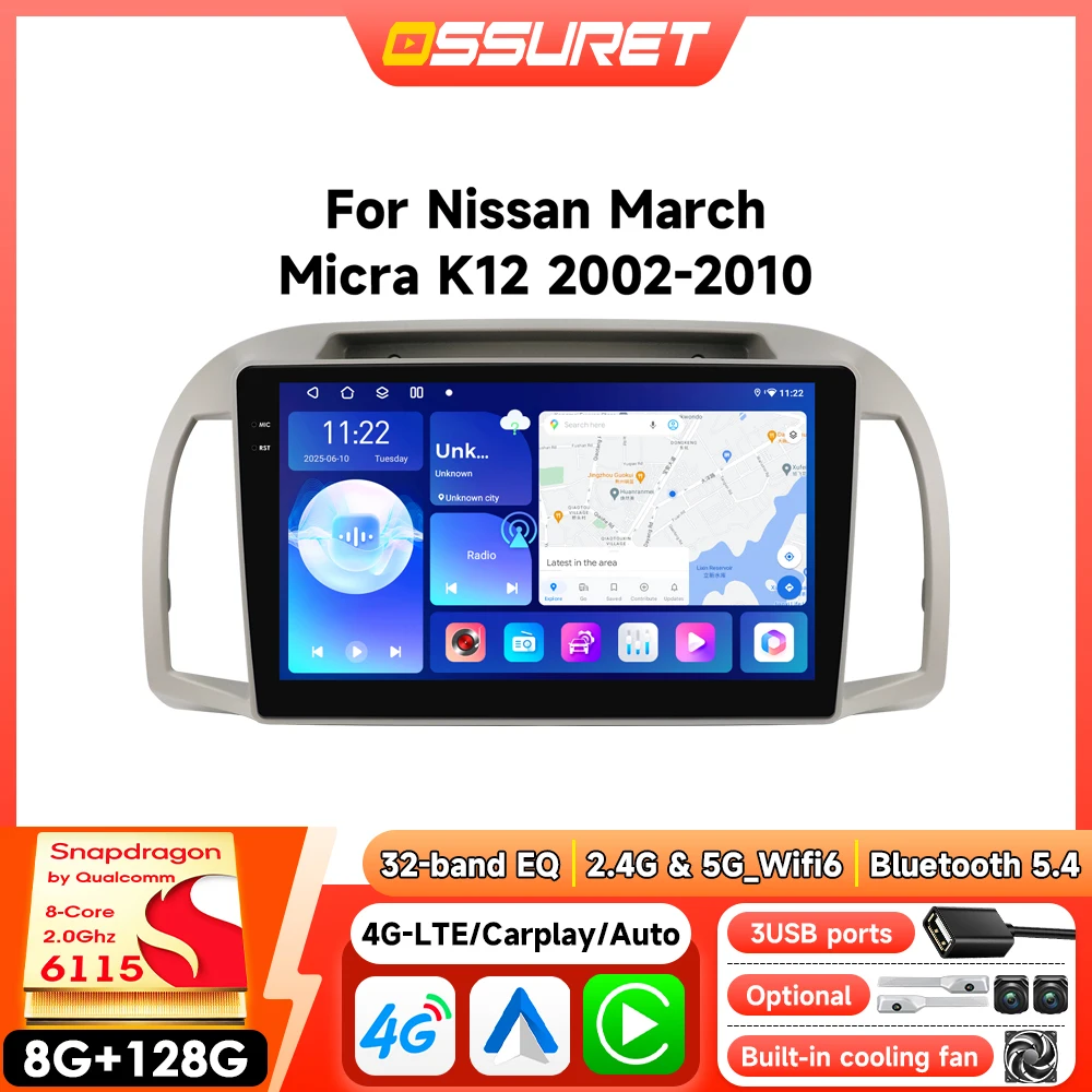Android Autoradio für Nissan March Micra K12 2002 - 2010 Auto-Multimediaplayer Kabelloses CarPlay Android Auto GPS 6115 360-Grad-Kamera