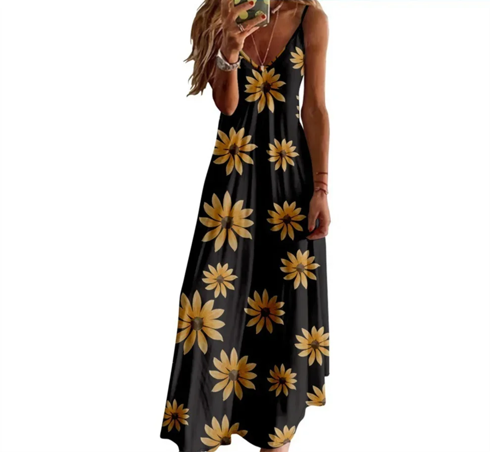 Vestido largo sin mangas con estampado de girasol para mujer, traje elegante de lujo para fiesta y playa, Verano