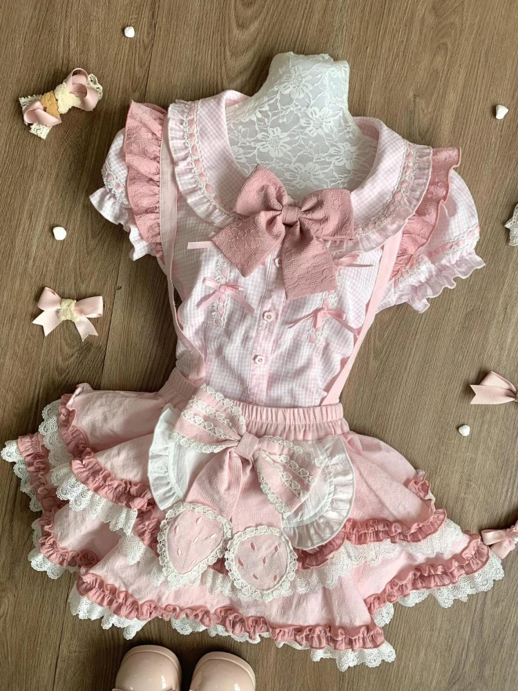 

Японский кавайный тонкий комплект из 2 предметов, женские милые кружевные лоскутные топы с бантом + мини-юбка, женская элегантная модная одежда принцессы, новинка