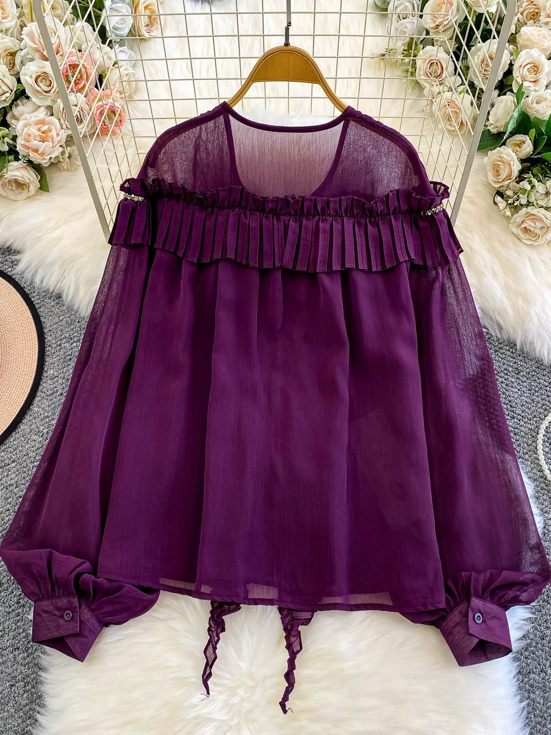 Franse Sle V-Ne Splice Kant Zwaar Verfraaid Losse Chiffon irt Vrouwen Herfst Jeugdige Losse Top Ele Quali