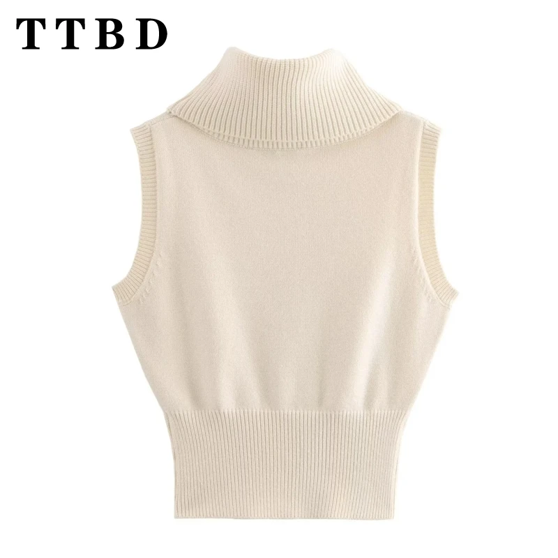 TTBD Frau 2024 Neue Herbst Mode Einfarbig Rollkragen Kragen Pullover Gilet Frauen Kleidung Casual Ärmelloses Stricken Top