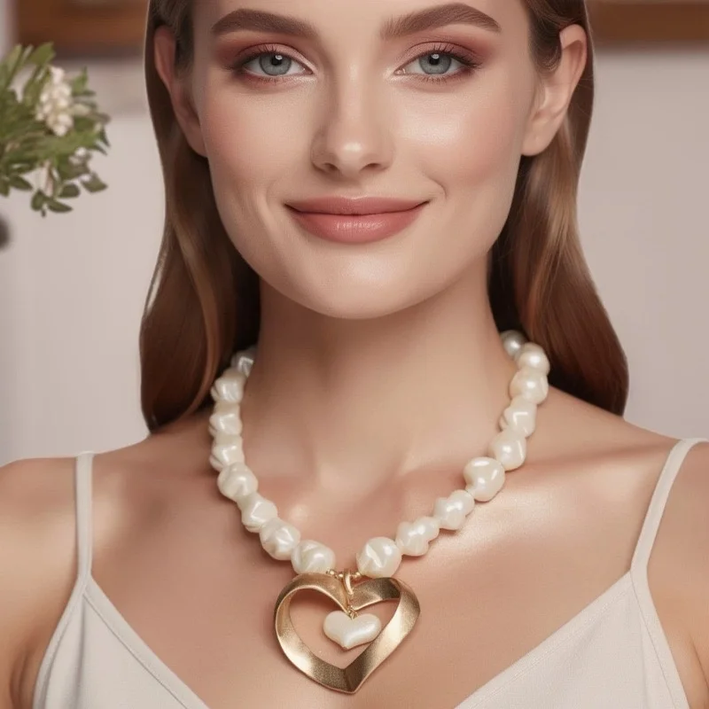 Baroque Pearl Choker Necklace with Gold Heart Pendant, Double Layer Love Charm Statement Jewelry for Women
