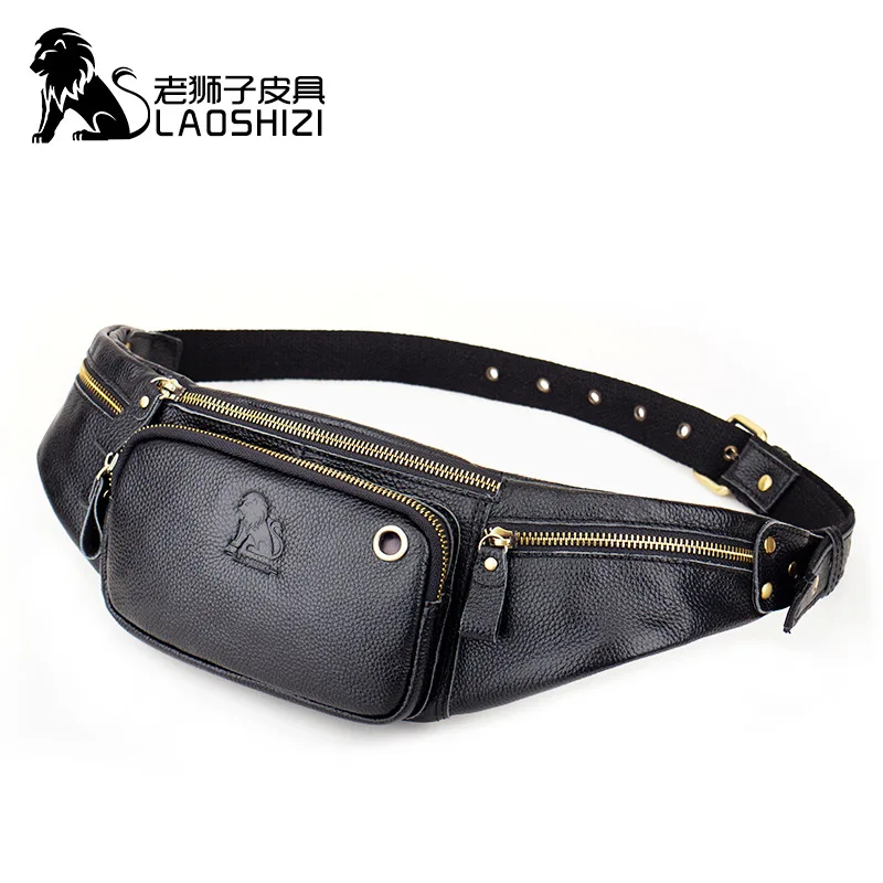 LAOSHIZI Men\'s Genuine Leather Waist Packs Multifunction Fashion Leather Chest Bag Sports Casual Leather Travel Pocket Phone Bag