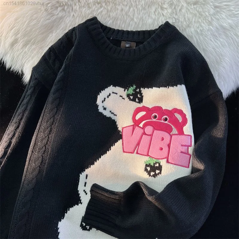 Disney Lotso Kawaii Knit Sweater Women's New Korean Stylish Long Sleeve Black Knitwear Top Y 2k Girls Harajuku Cyber Y2k Clothes