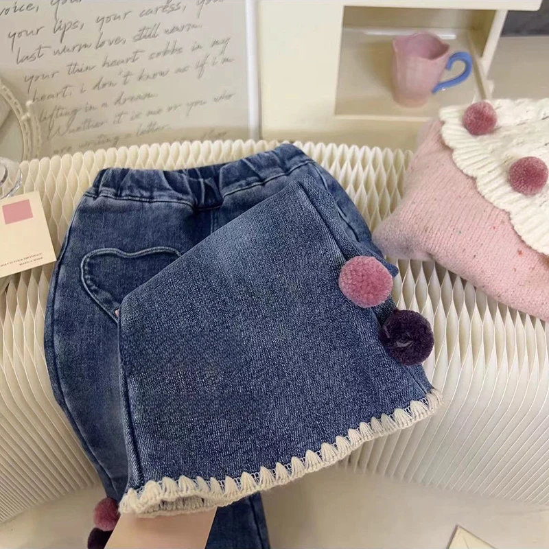 الخريف الشتاء الفتيات سترة مجموعة الأطفال لطيف دمية طوق محبوك البلوزات الكورية طفل الفتيات فضفاض مستقيم كاوبوي بنطلون