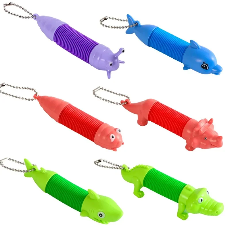 Kids Stretch Pop Tubes Fidget Spring Toys DIY Shark Pipes Flexible Mini Animal Key Chain Rainbow Sensory Tubes Toy