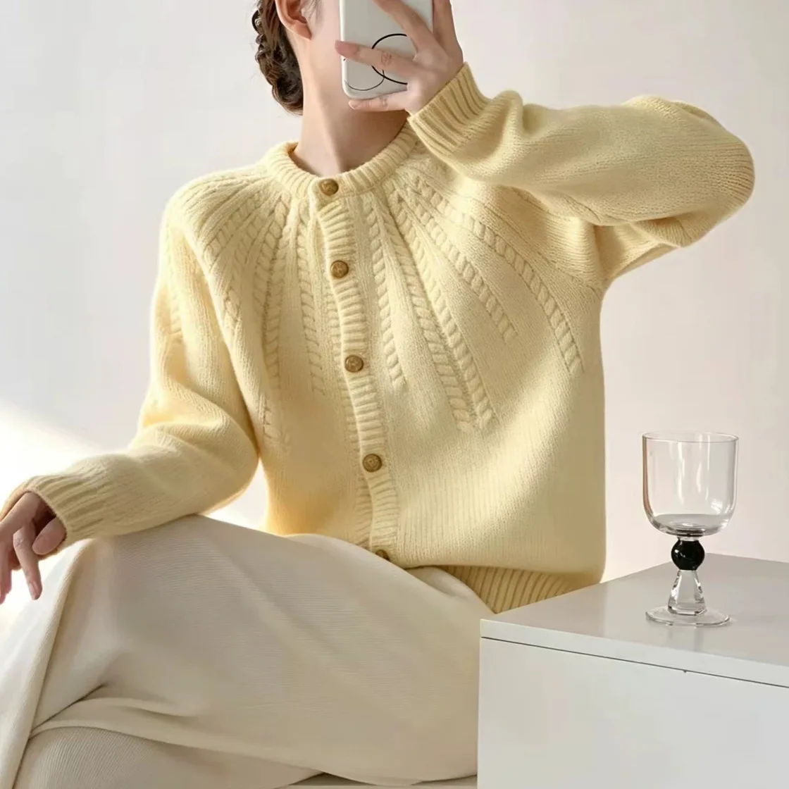Vintage Crew Neck Knit Cardigan New Autumn/winter Single-breasted Loose Cable Knit Sweaters Jacket  Women Кардиган Женский