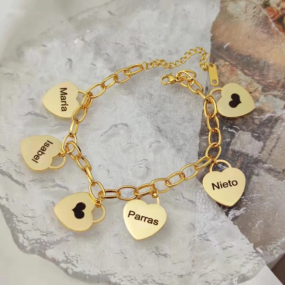 

SHERMA Personalized 1-5 Name Bracelet Heart Pendant Gold Stainless Steel Chain Ladies Jewelry