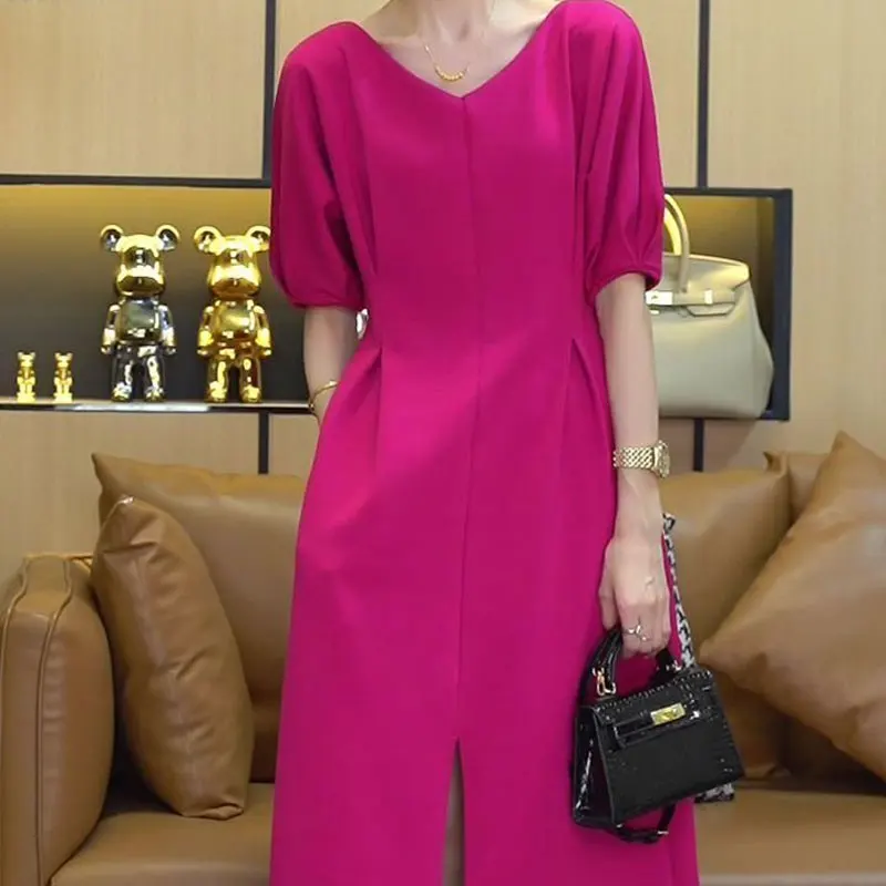 Elegant V-Neck Midi Dress Female Clothing Split Commute A-Line Folds Waist Monochromatic Luxury Dresses Summer Fashion 2024 New