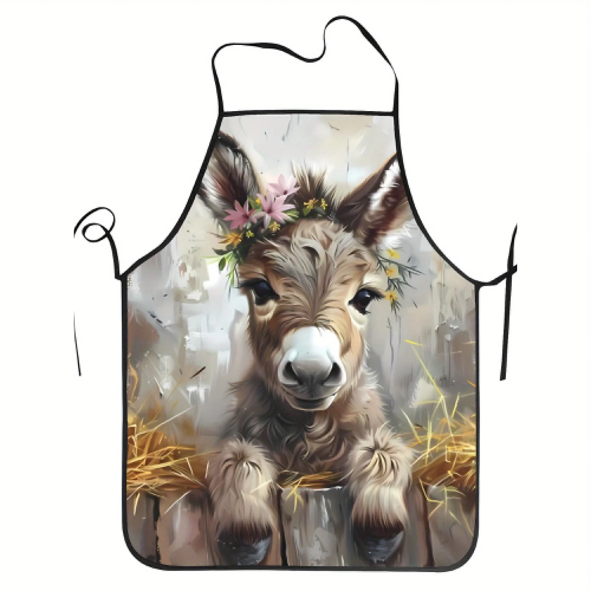 Rustic Charm Donkey Print Apron for Men& Women- Durable 100% Polyester, Vintage Style with Floral& Animal Design, Easy-Care Hand