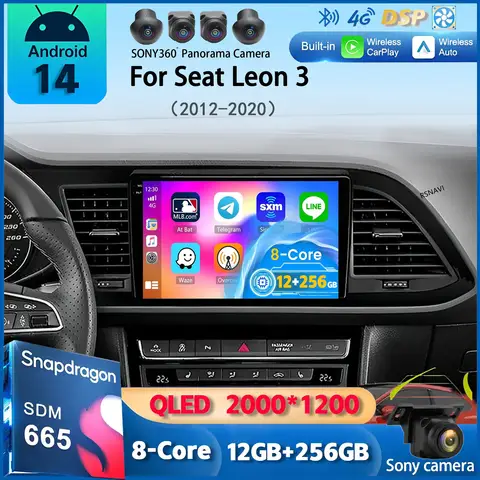 시트 레온 3 2012 2013 2014 2015 2020 내비게이션 GPS 멀티미디어 플레이어, 스테레오 와이파이, 4G 자동 BT, 안드로이드 14 카플레이