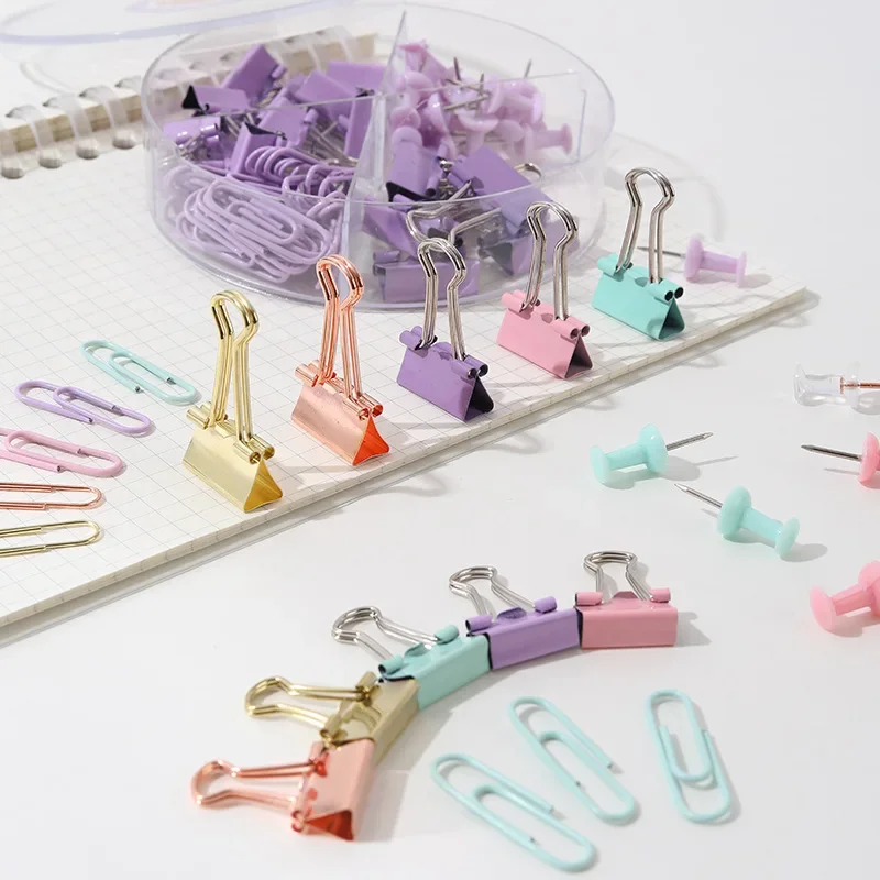 65PCS/Set Multifunction Paper Clip Thumbtacks Binder Clip Set Macaron Color Four Grid Office Supplies Paper Long Tail Clip Pin