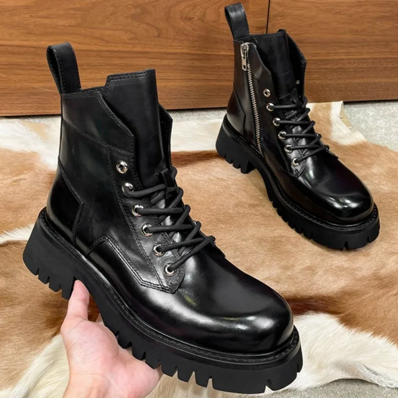 Luxury Fashion Men Motorcycle Boots Genuine Leather Thick Sole Business Dress Ankle Boots Outdoor Work Shoes Botines Chelsea