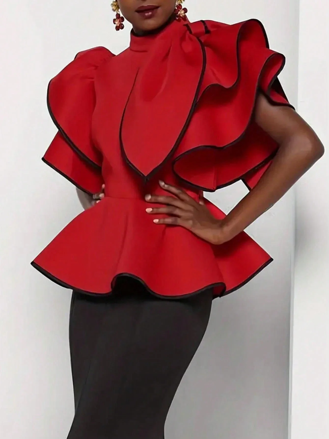 

Red Asymmetrical Ruffle Peplum Blouse For Women Summer