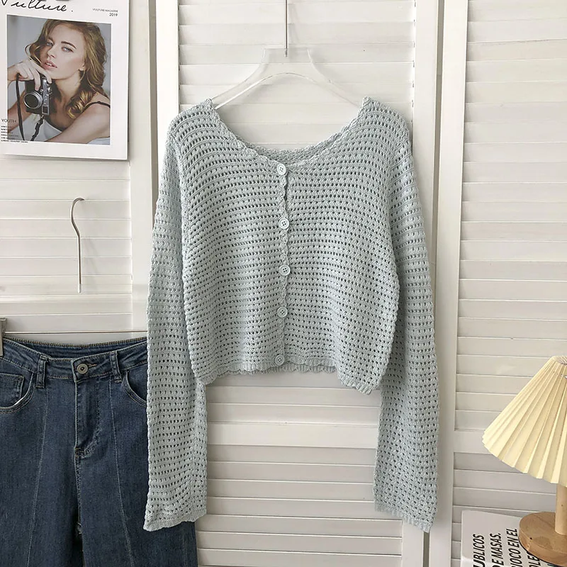Crochet Cardigan for Women Sheer Openwork Knit Long Sleeve Button Up Crop Top Teen-girl Shrug Cardigan Autumn Spring Y2K Outfit