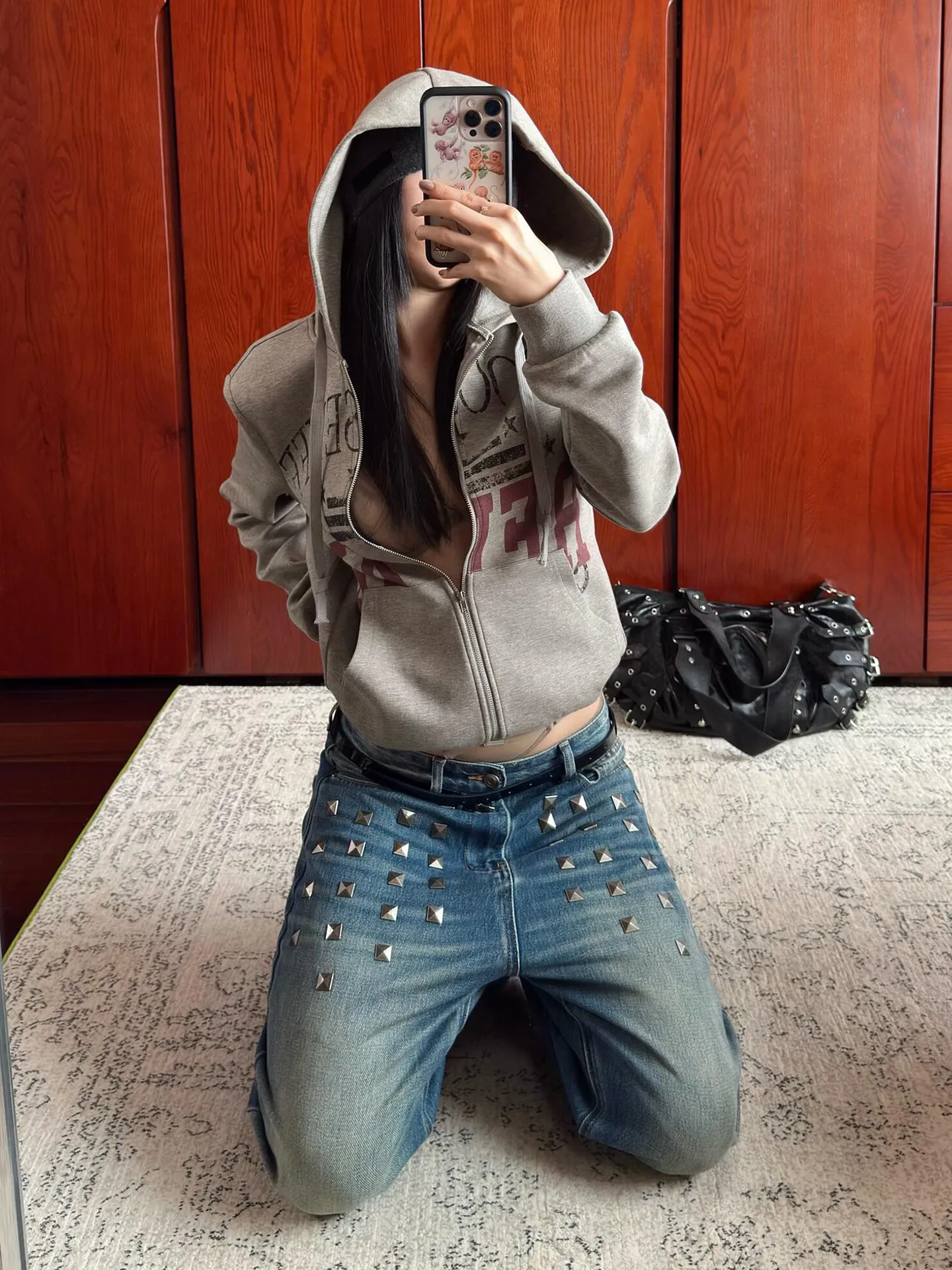 Y2K Grunge Cropped Zip Up Hoodie Women Gray Vintage Letter Print Aesthetic Hooded Sweatshirt Casual Street Jacket