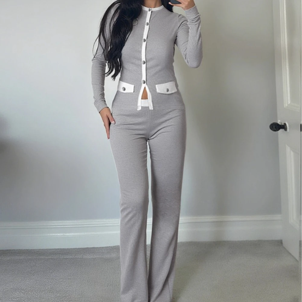 2025 Autumn Leopard Print Ribbed 2 Piece Set Women Fashion Long Sleeve Single Breasted Cardigans Tops + Flare Pants Casual Suits