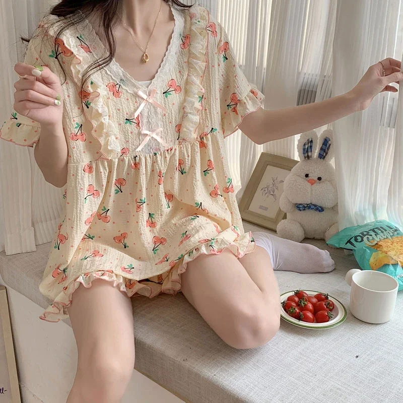 

Plus Size Pajama Mujer Cherry Print Sleepwear Set Short Sleeve Top Shorts Ruffle Homewear Skin-Friendly Breathable