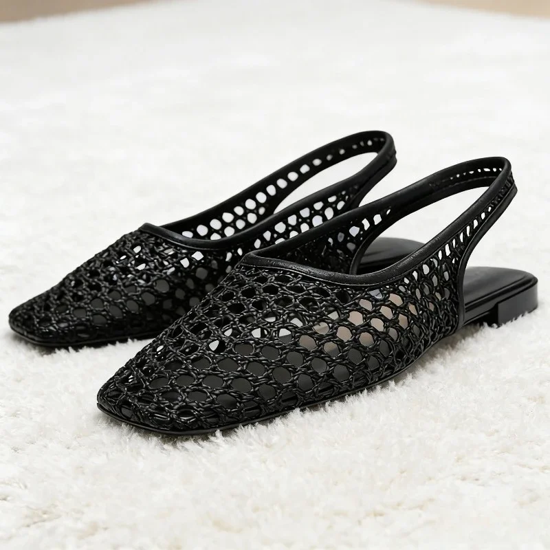 

Women 2026 Summer Mesh Elegant Flat Sandals Square Toe Hollow Casual Beach Shoes Ladies Comfortable Designer Woven Footwear For