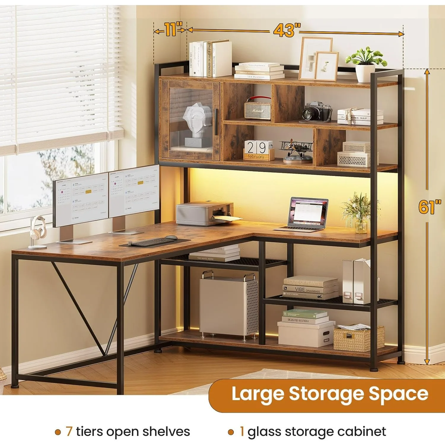 مكتب كمبيوتر على شكل حرف L، مكتب مكتب 58 بوصة مع ضوء LED ورف كتب، للمكتب المنزلي، مكتب ألعاب، مكتب L، بني ريفي #2
