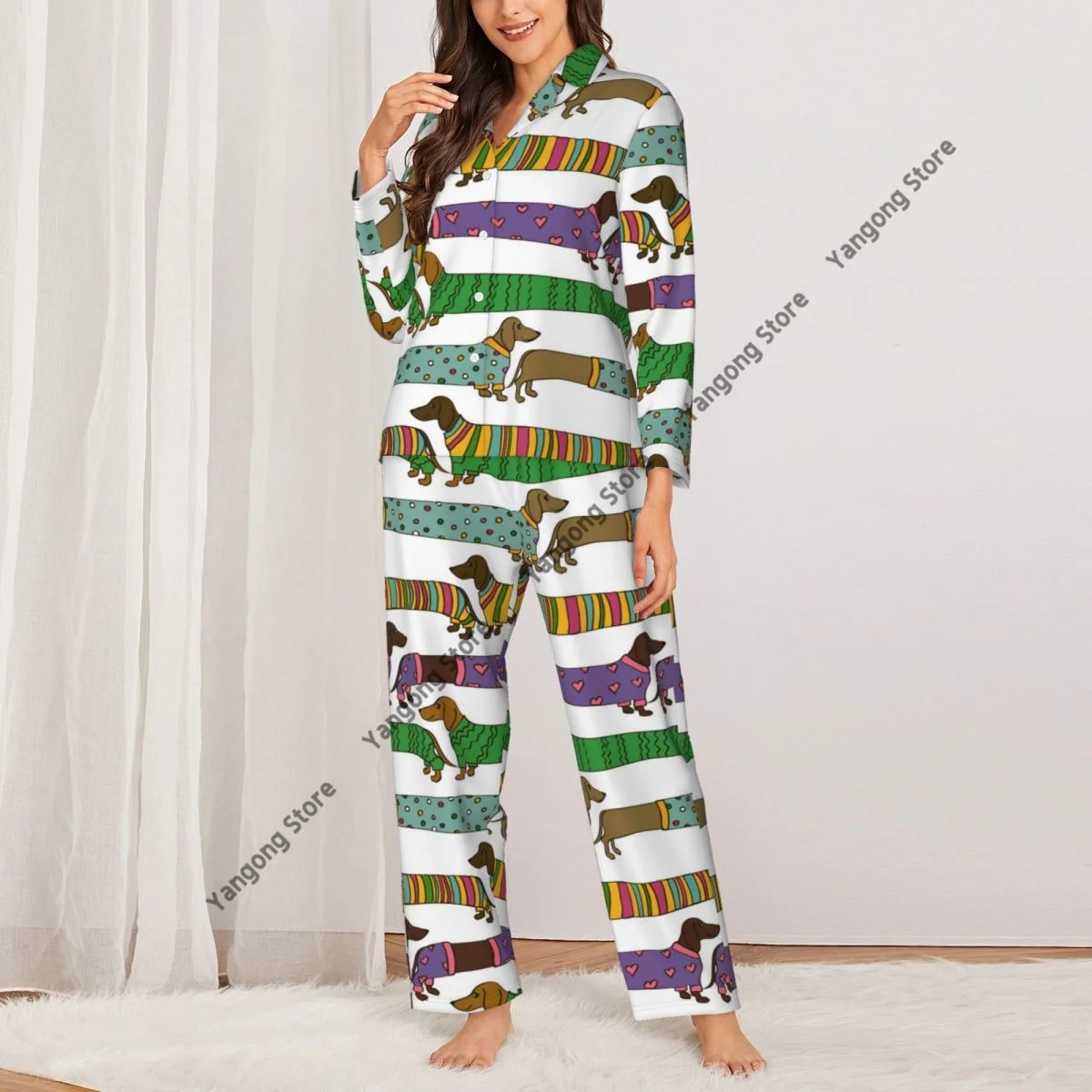 Spring and Autumn Pajama Set Women\'s Long Sleeve Pants Two Piece Funny Dachshund Dogs Dressed Clothes Home Furnishing Set