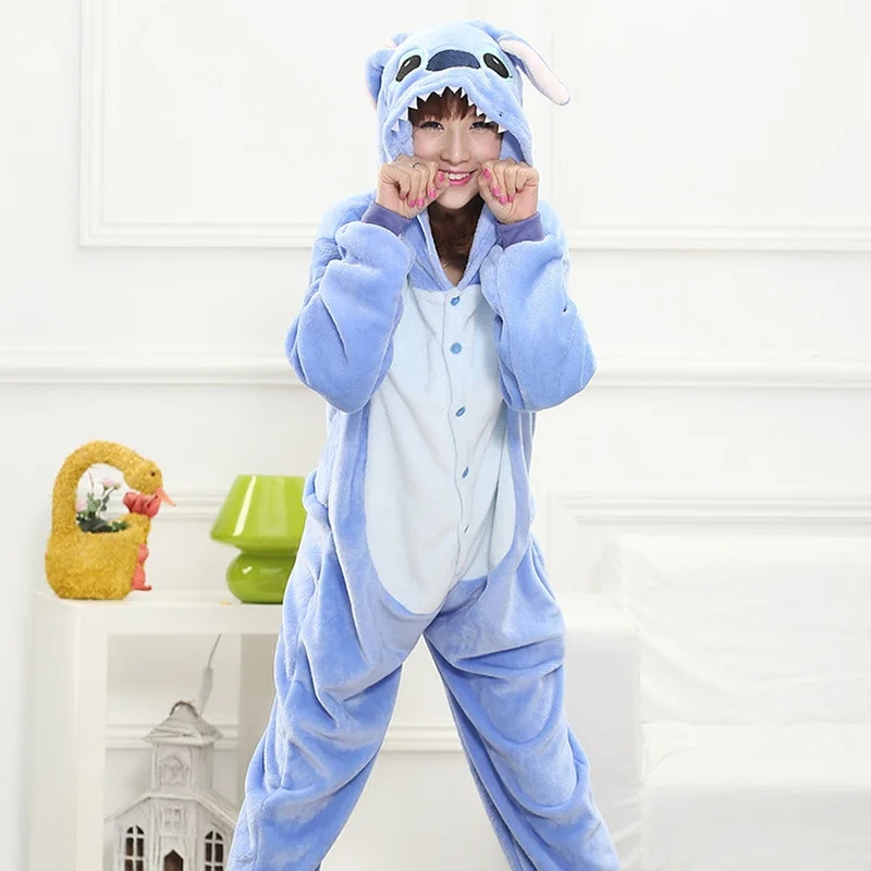 Disney Lilo & Stitch Blue Stitch Cartoon Hooded Jumpsuit Pajamas Family Parent-Child Clothes Home Clothes Couple Pajamas Gifts