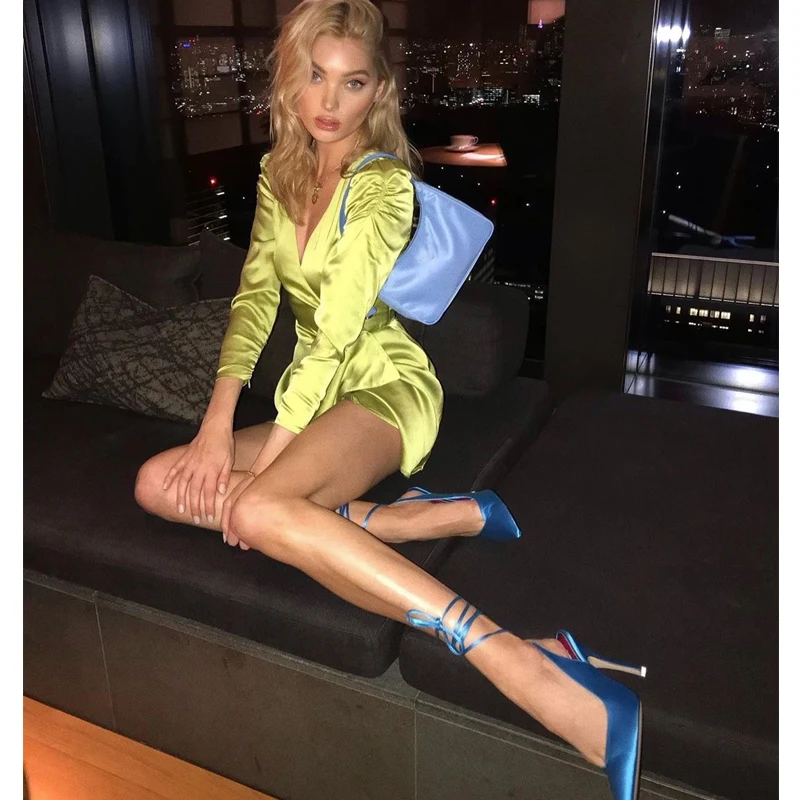 

Green Long Sleeve Wrap Belt Satin Dress for Women Street Style V Neck Midi Skirt a Line Dress Autumn Fashion