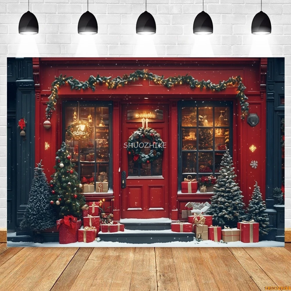 متجر هدايا عيد الميلاد التصوير خلفية الثلوج شجرة عيد الميلاد الهدايا متجر نافذة الباب إكليل الاطفال صورة التصوير خلفية ديكور