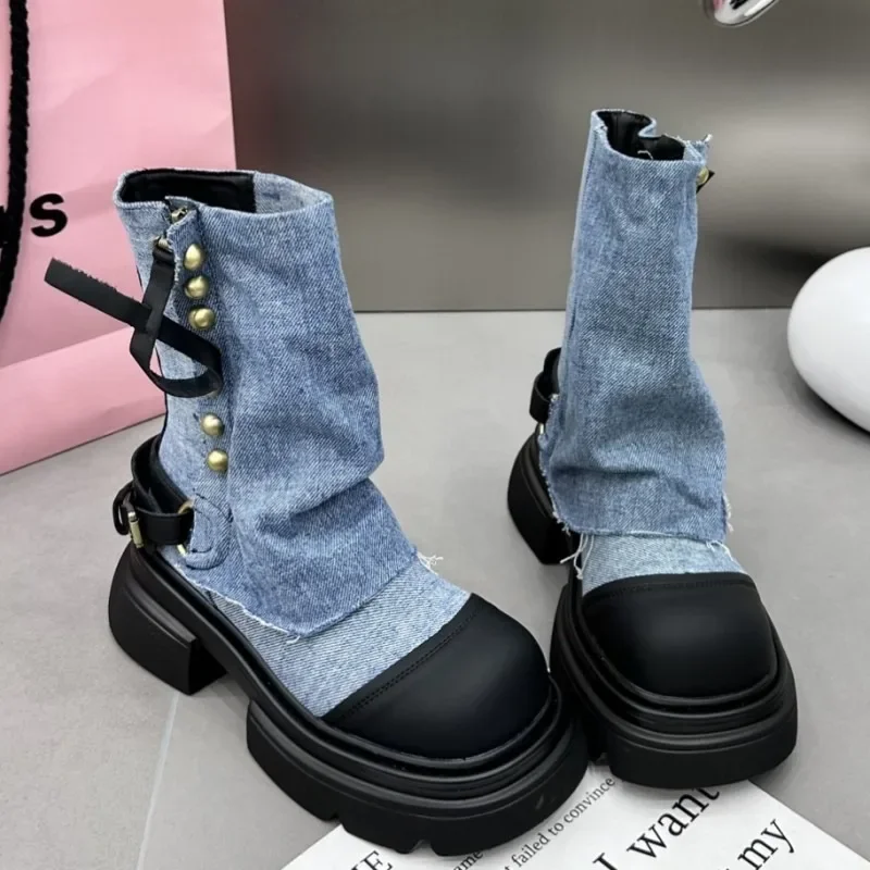 Damskie mieszkania kostki kowbojskie Chelsea Boots zimowe modne platformy Gladiator buty Goth 2023 nowe Chunky motocyklowe Botas damskie Zapatos