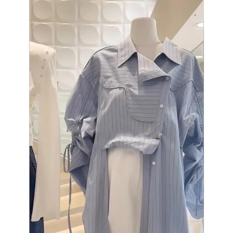 

Long-sleeved Shirt Striped Button Cardigan Irregular Top Chic Drawstring Loose