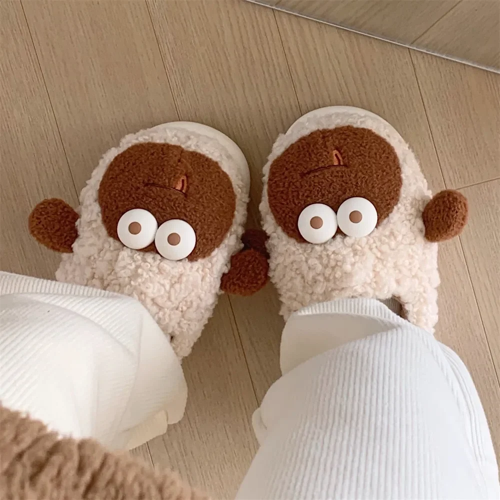 Girls winter indoor thick bottom fashion cotton slippers cute big eyes cartoon sheep home new warm cotton slippers female