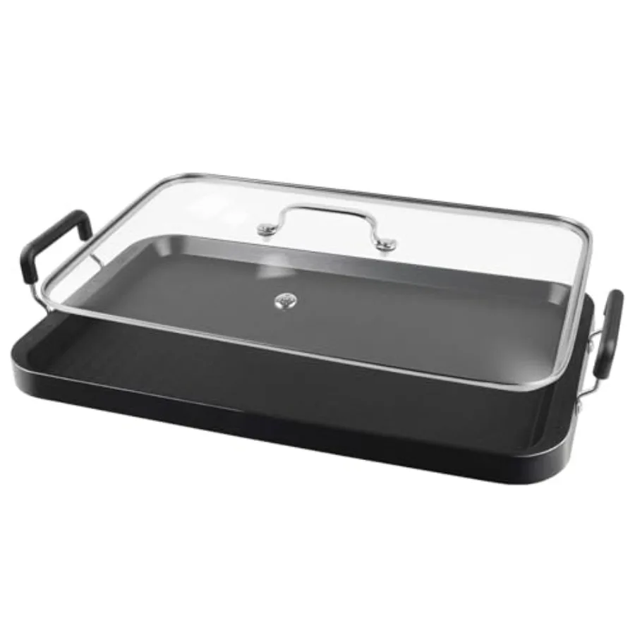 Plancha de Cocina de 2 Quemadores con Tapa de Vidrio - Plancha Antiadherente de Aluminio para Estufa de Gas - Ideal para Panqueques, Huevos y Tostadas