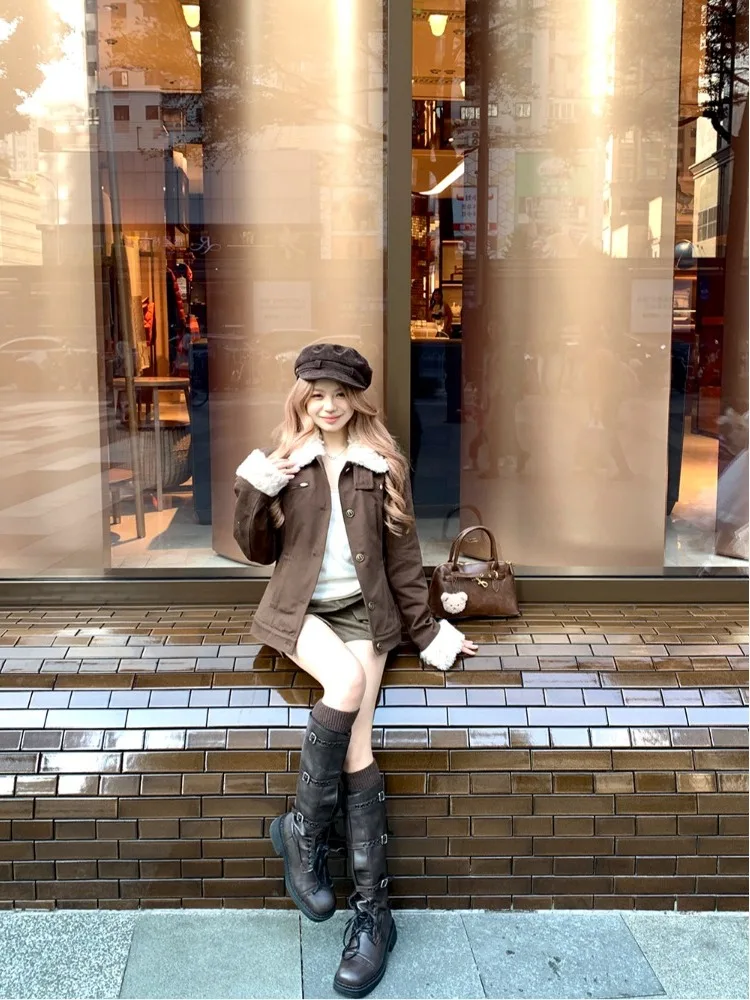 

Корейское утепленное пальто с воротником из овечьей шерсти, женское, весеннее, новая модная коллекция, премиум-класса, прямого кроя, для повседневной носки