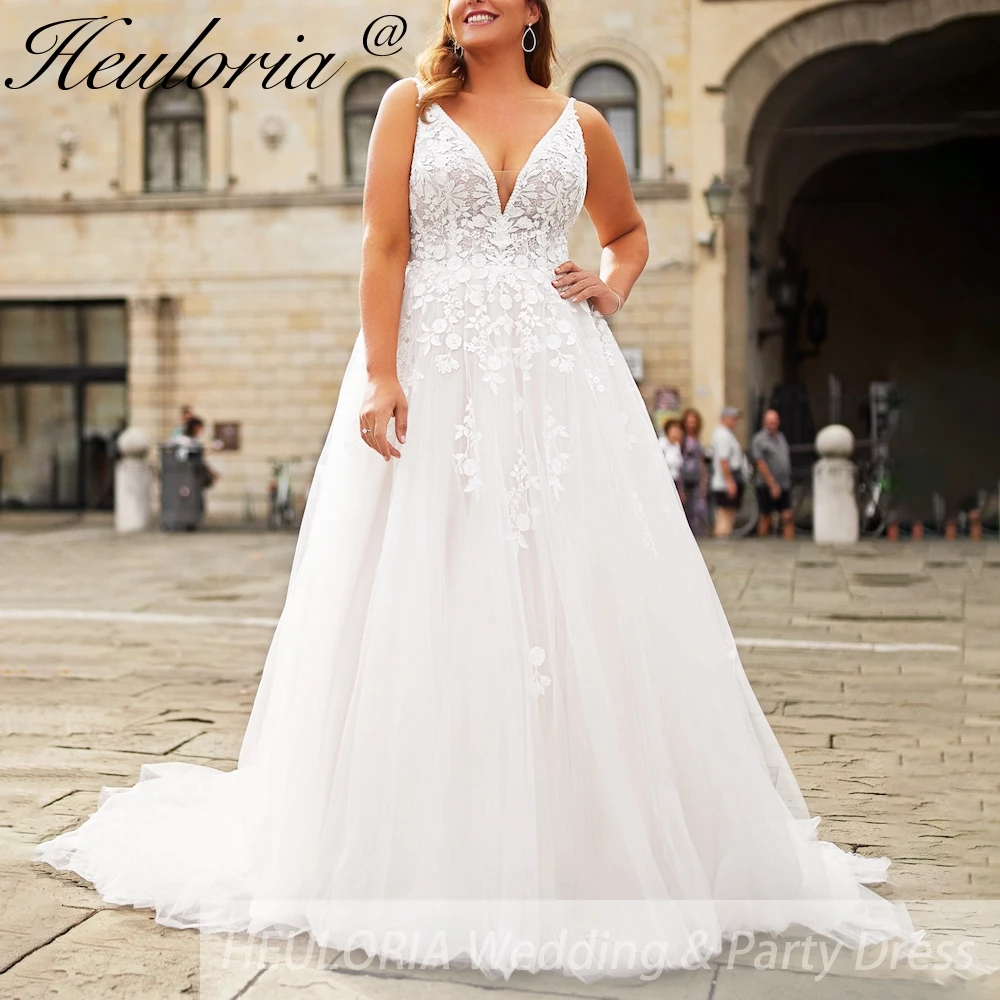 Gaun pengantin ukuran besar HEULORIA, gaun pengantin berbahan renda dengan kerah V, rok organza model A-line, Robe De Mariee, gaun pengantin.