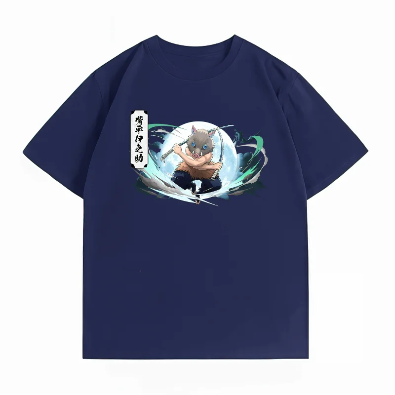 Bandai Demon Slayer Inosuke Hashibira 100% Cotton Men's T-Shirt, Summer New Men's Clothing, Casual Short Sleeve Anime Print Tee