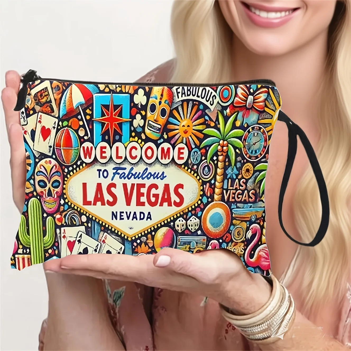 Las Vegas Themed Toiletry Bag Double-Sided Print and Zipper Storage Perfect for Travel Enthusiasts for Women Summer Travel Gifts