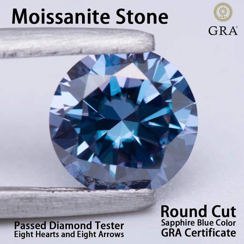 Moissanite Stone Round Cut Sapphire Blue Color VVS1 Eight Hearts and Eight Arrows Passed Diamond Tester with Certificate