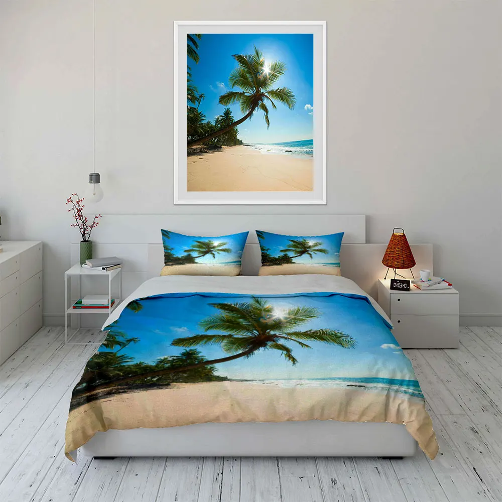Tropical beach with curved palm tree Print Soft Comfortable Duvet Cover Bedding Set Included 1*Duvet Cover  2*Pillowcases