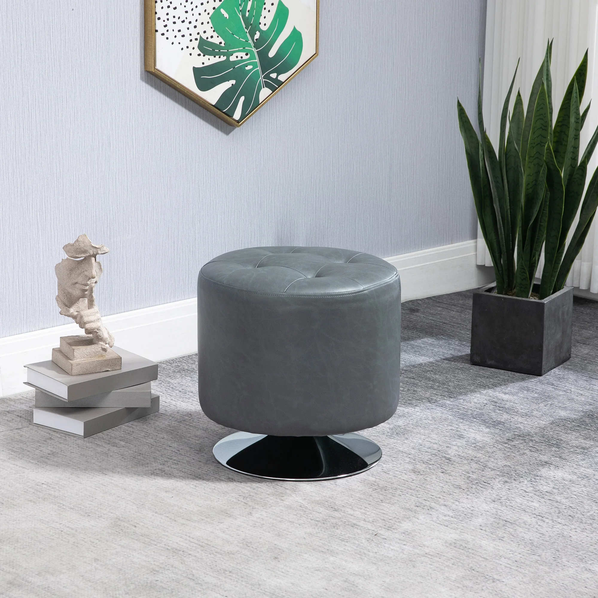 

360° Swivel Foot Stool Round PU Ottoman with Thick Padding and Solid Steel Base