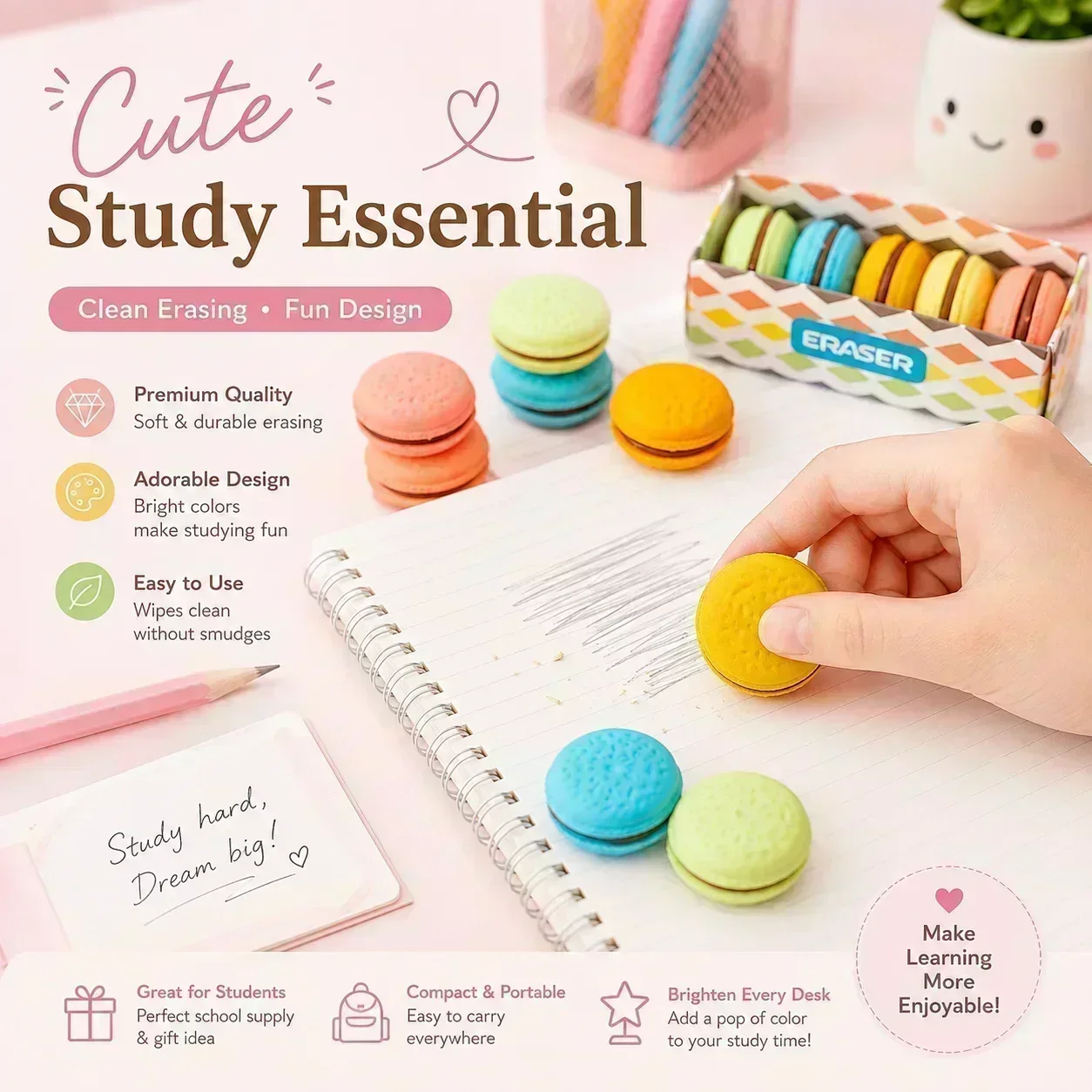 Creative Macaron Cookie Eraser, Cute Sandwich Eraser for Elementary Students, Fun Stationery Gift for Children