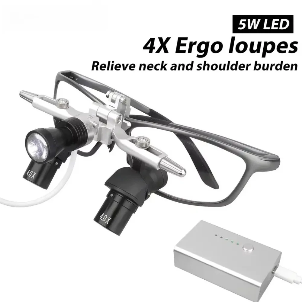 4X Binocular Magnifying Glasses Dental 48° with 5W LED Spotlight Dentistry Surgical Tools Power Source Machinery