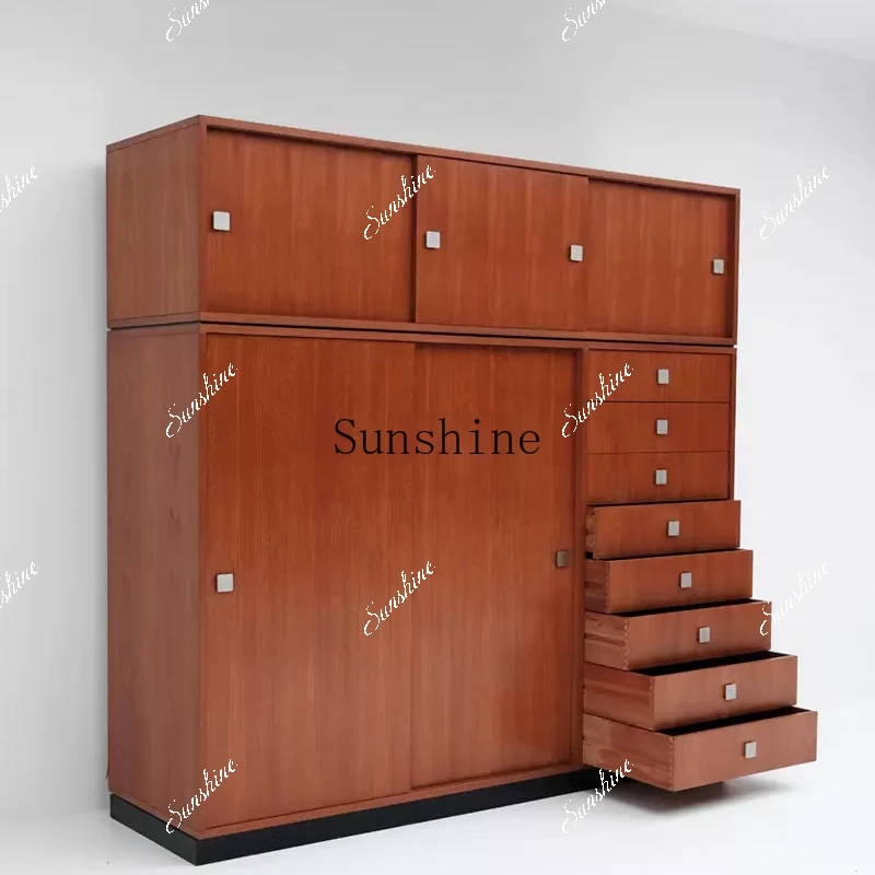 Solid wood medieval sliding door storage wardrobe household bedroom cherry wood wardrobe  FT