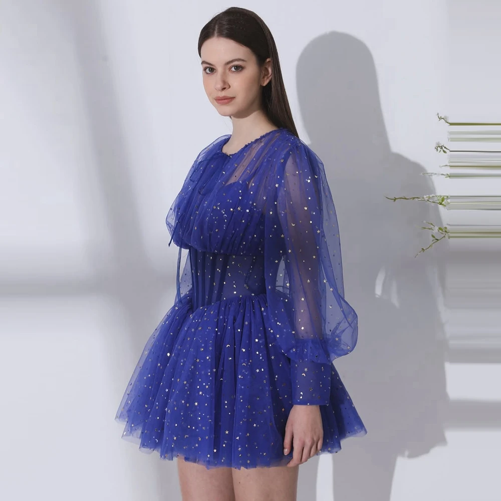 

Cute Star Mesh Women Party Dresses Puff Sleeves Tulle Mini Brithday Evening Dress See Thru Ruffles Tiered Mesh Cocktail Gowns