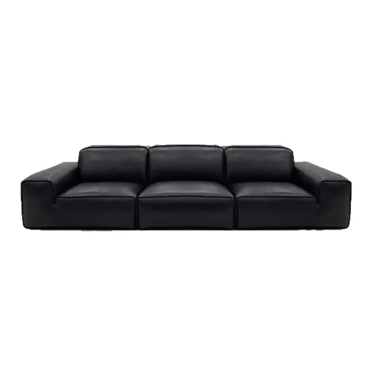 

Semi-green leather big black cow leather sofa, black first-layer cowhide straight row