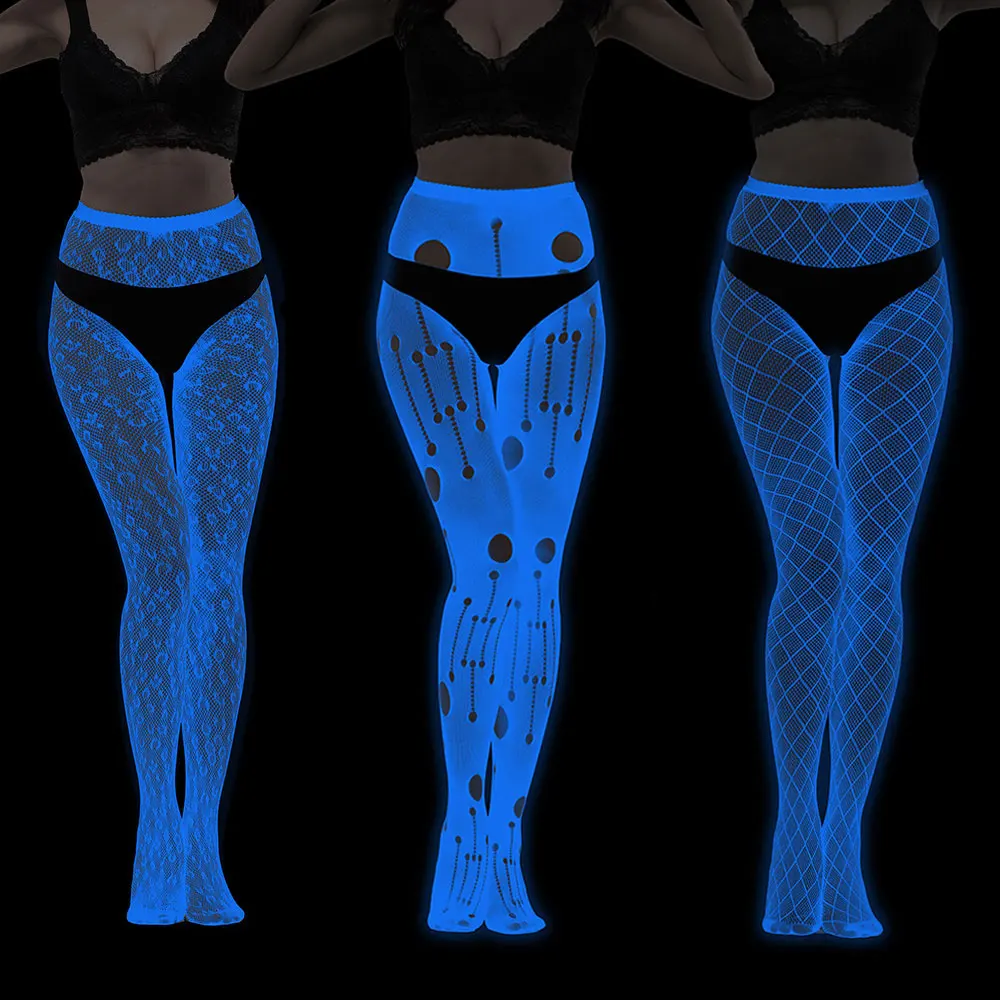 Collants Sexy ajourés bleu vert qui brillent dans la nuit pour femmes, collants Hipster à haute élasticité
