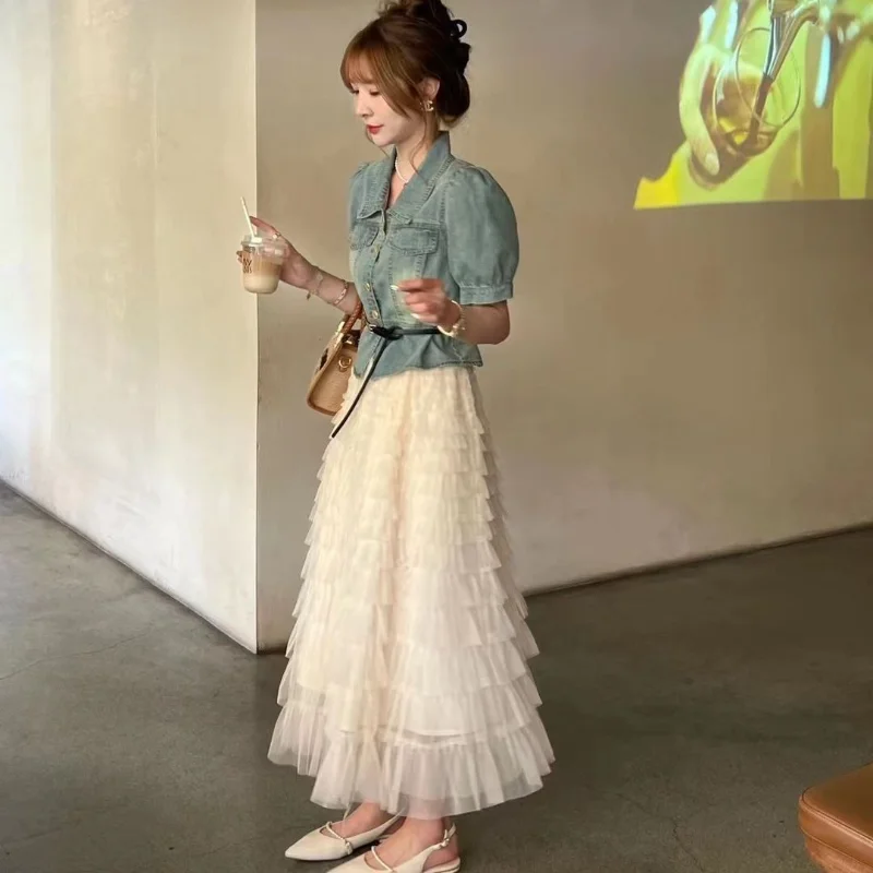 Retro Denim Short Sleeve Shirt High Waist Lace Half Body Skirt Two Piece Set Casual Style Polyester Fabric Cake Skirt Style