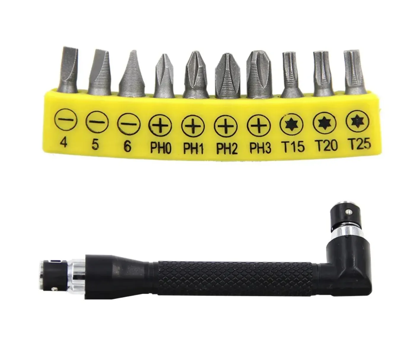 L-shaped 1/4 Hexagonal Screwdriver Bit 90 Degree Double Head Handle Black 6.35 Wrench 10pc Yellow Tape Screwdriver Bit Tool Set