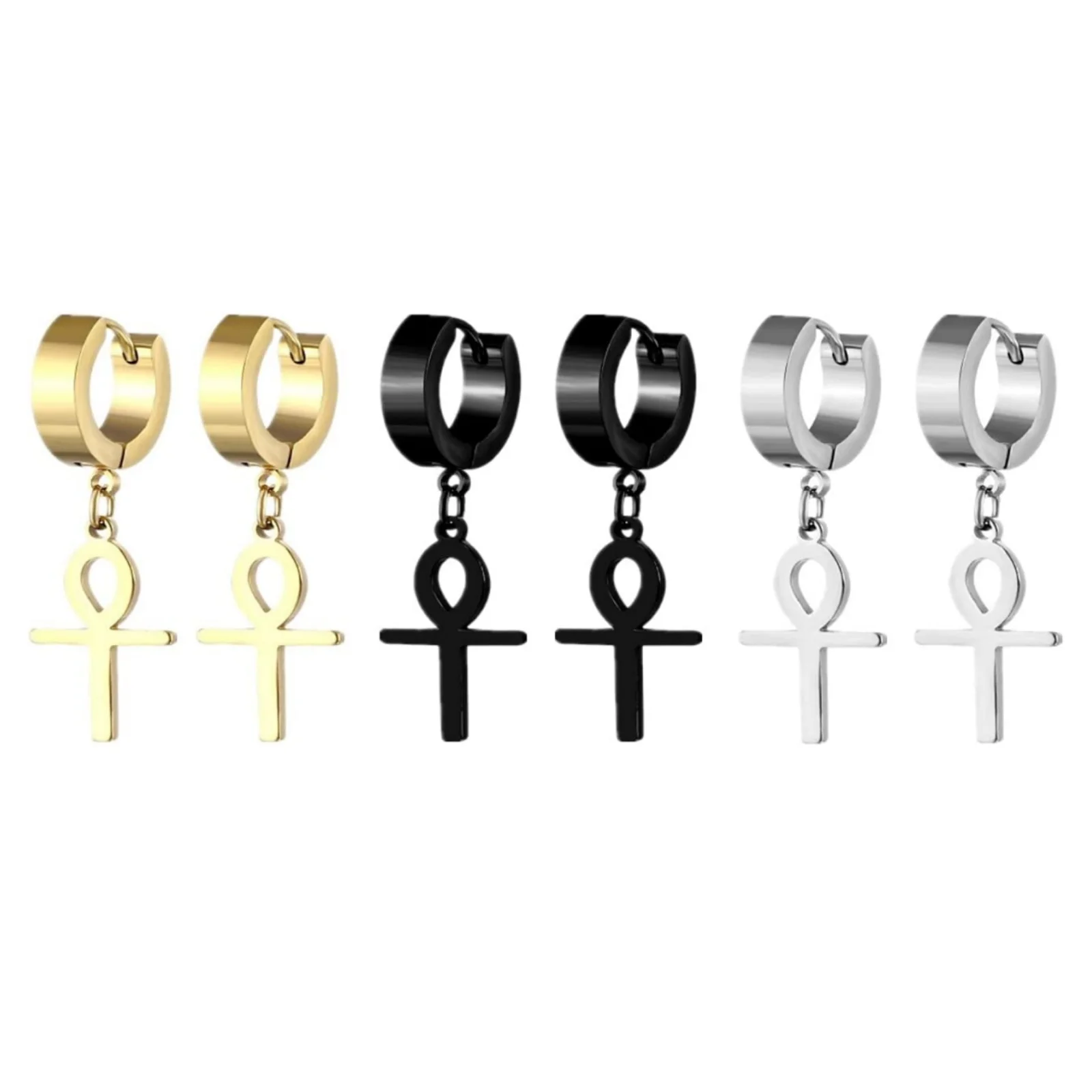 1 Paar Premium-Edelstahl-Ohrringe mit ägyptischem Kreuz, baumelnd, aufklappbar, trendiger Schmuck für Männer, Frauen, Jungen