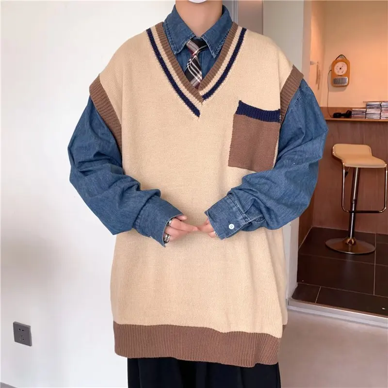 

Retro Loose V-Ne Men's Knitted Sweater Color Blo Japanese Sle Casual Long Sve Top Faionable Autumn Wear